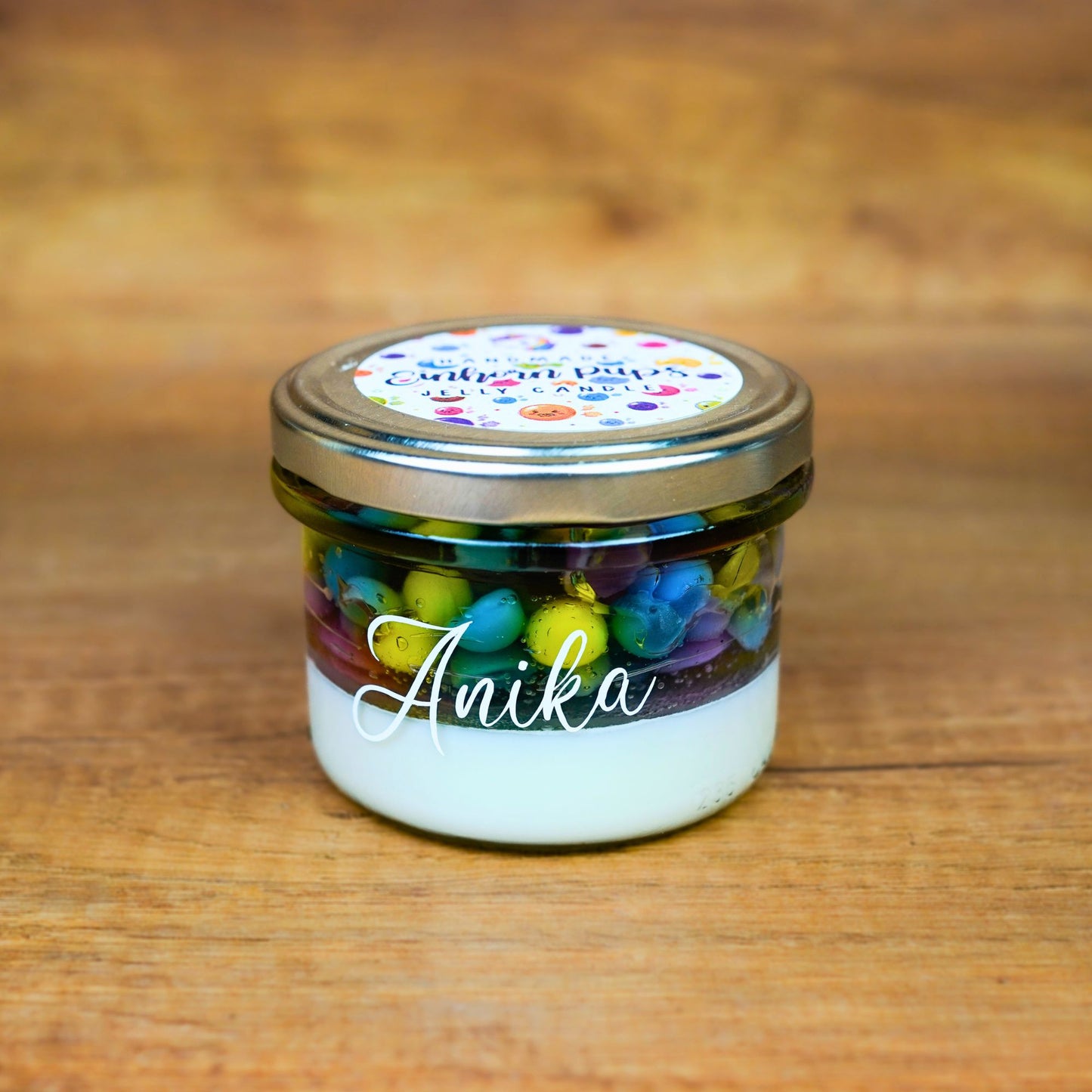 Personalisierte Duftkerze Einhornpups mit buntem Wachs im Glas