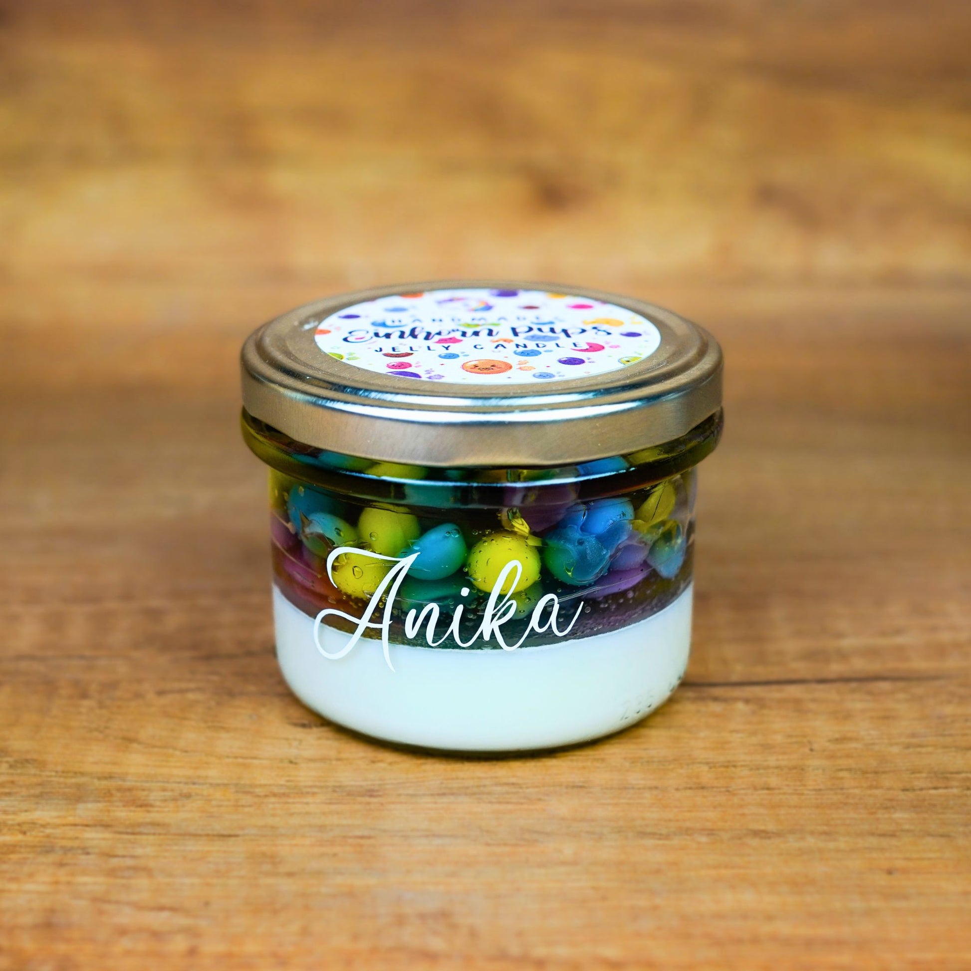 Personalisierte Duftkerze Einhornpups mit buntem Wachs im Glas