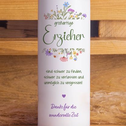 Dankeskerze für Erzieherin – 20 cm | Geschenk zum Kita-Abschied | Mit Blumendesign & Spruch