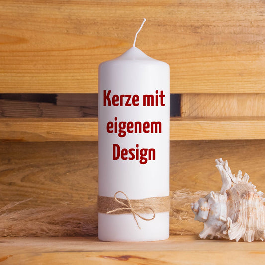 Individuell bedruckte Kerze 20 cm mit Strickummantelung am Kerzenfuß