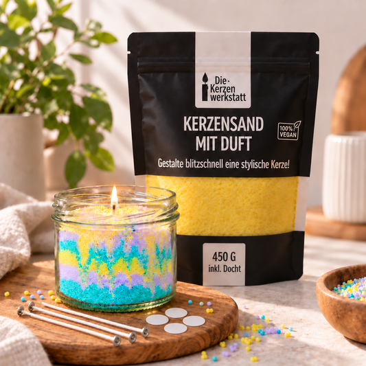 Kerzensand mit Duft im Glas mit Flamme, 450-g-Beutel, vier Dochte mit Metallfüßen und vier Klebepunkte