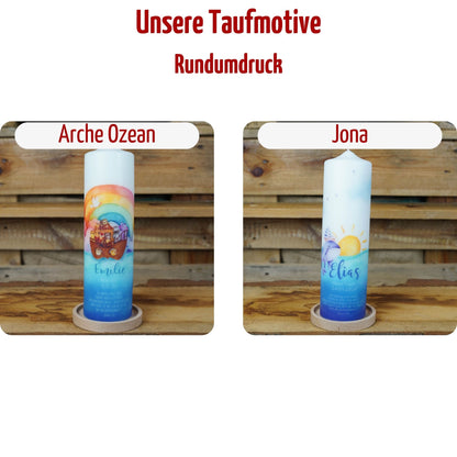 Taufkerzenpaket mit personalisierter Taufkerze, Kerzenuntersetzer, Holzbox,  Patenkerzen, Lichthüllen