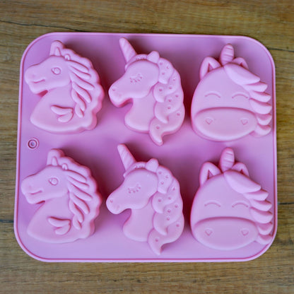 Rosa 6er Silikonform mit Pegasus-, Einhorn- und Einhorn-Gesicht-Motiven für Seife, Gips und kleine Kerzen