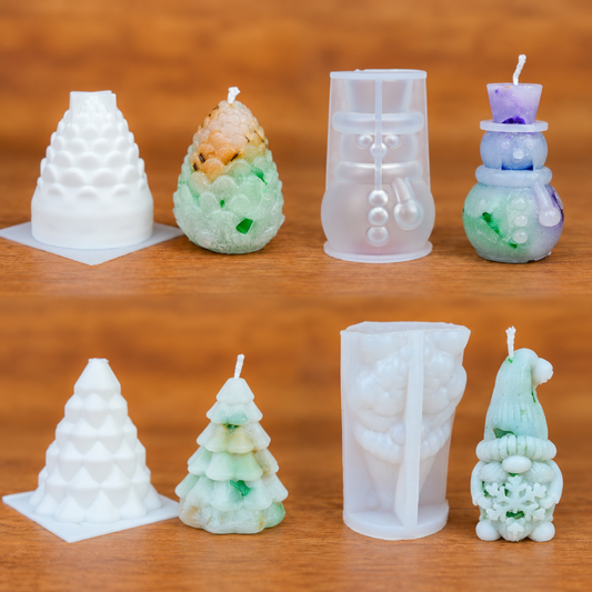 Silikonform-Set Winterwald mit den Formen Schneemann, Zapfen, Tannenbaum und Wichtel