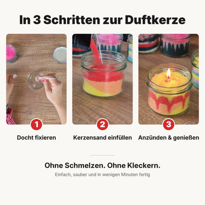 In 3 Schritten zur Duftkerze: Docht fixieren, Kerzensand einfüllen, anzünden und genießen