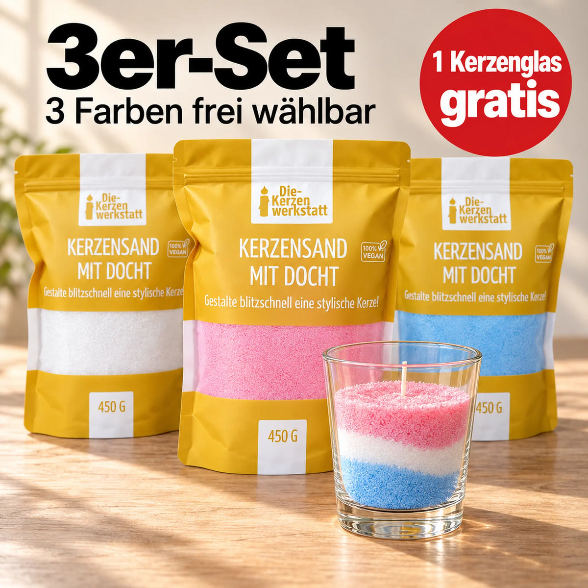Kerzensand-Sparset 3er-Set: 3 Farben frei wählbar, 1 Kerzenglas gratis