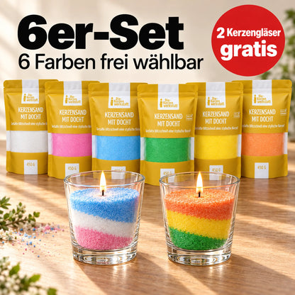Kerzensand-Sparset 6er-Set: 6 Farben frei wählbar, 2 Kerzengläser gratis
