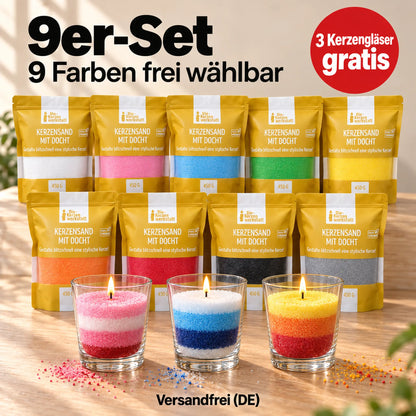 Kerzensand-Sparset 9er-Set: 9 Farben frei wählbar, 3 Kerzengläser gratis, versandfrei (DE)