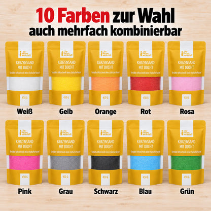10 Kerzensand-Farben zur Wahl: Weiß, Gelb, Orange, Rot, Rosa, Pink, Grau, Schwarz, Blau, Grün