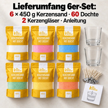Lieferumfang 6er-Set: 6 × 450 g Kerzensand, 60 Dochte, 2 Kerzengläser, Anleitung