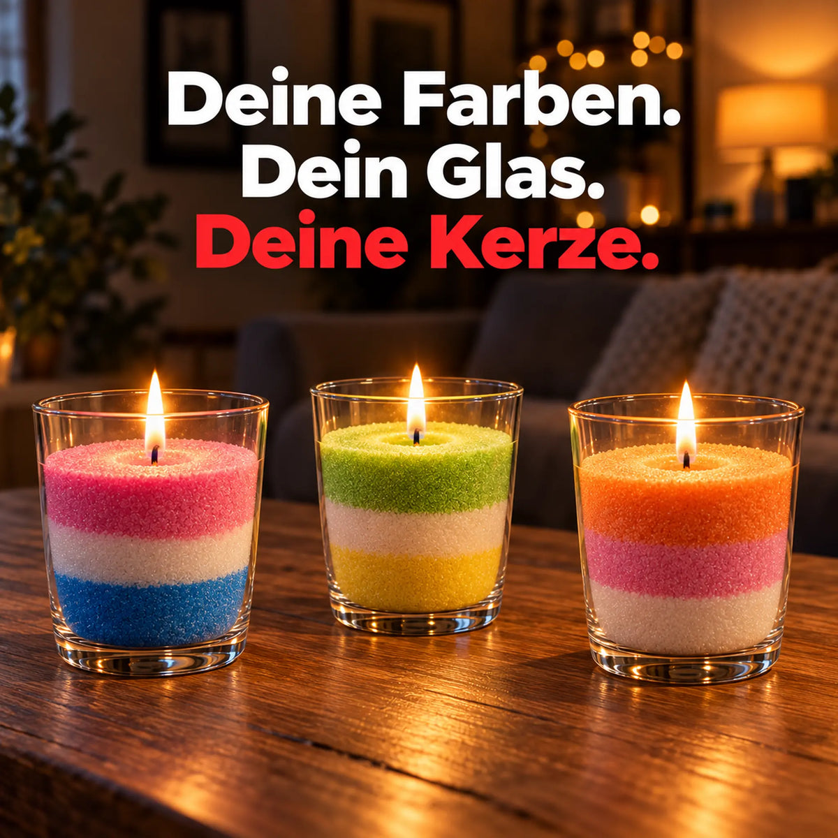 Deine Farben. Dein Glas. Deine Kerze. – brennende Kerzen aus geschichtetem Kerzensand