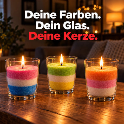 Deine Farben. Dein Glas. Deine Kerze. – brennende Kerzen aus geschichtetem Kerzensand