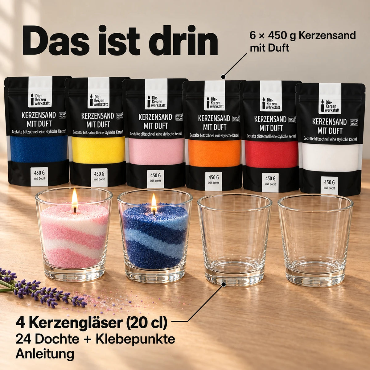 Lieferumfang Duft-Sparset: 6 × 450 g Kerzensand mit Duft, 4 Kerzengläser, 24 Dochte und Klebepunkte, Anleitung