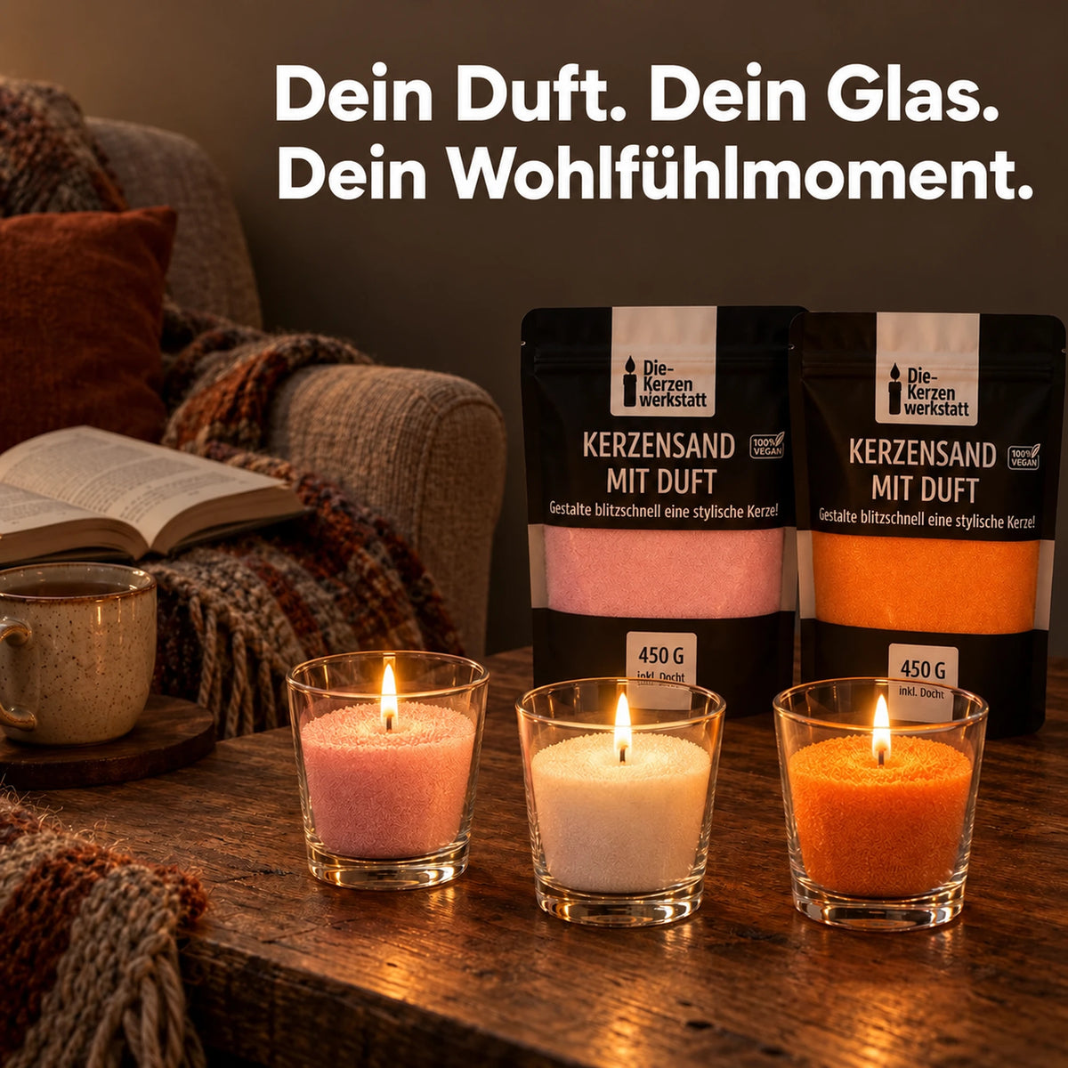 Dein Duft. Dein Glas. Dein Wohlfühlmoment. – brennende Kerzensand-Kerzen im Glas
