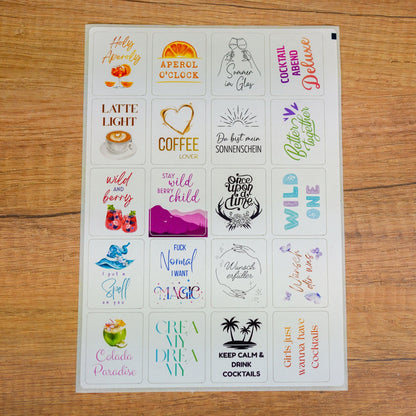 Kompletter A5-Stickerbogen mit 20 Sprüchen für DIY Cocktailkerzen