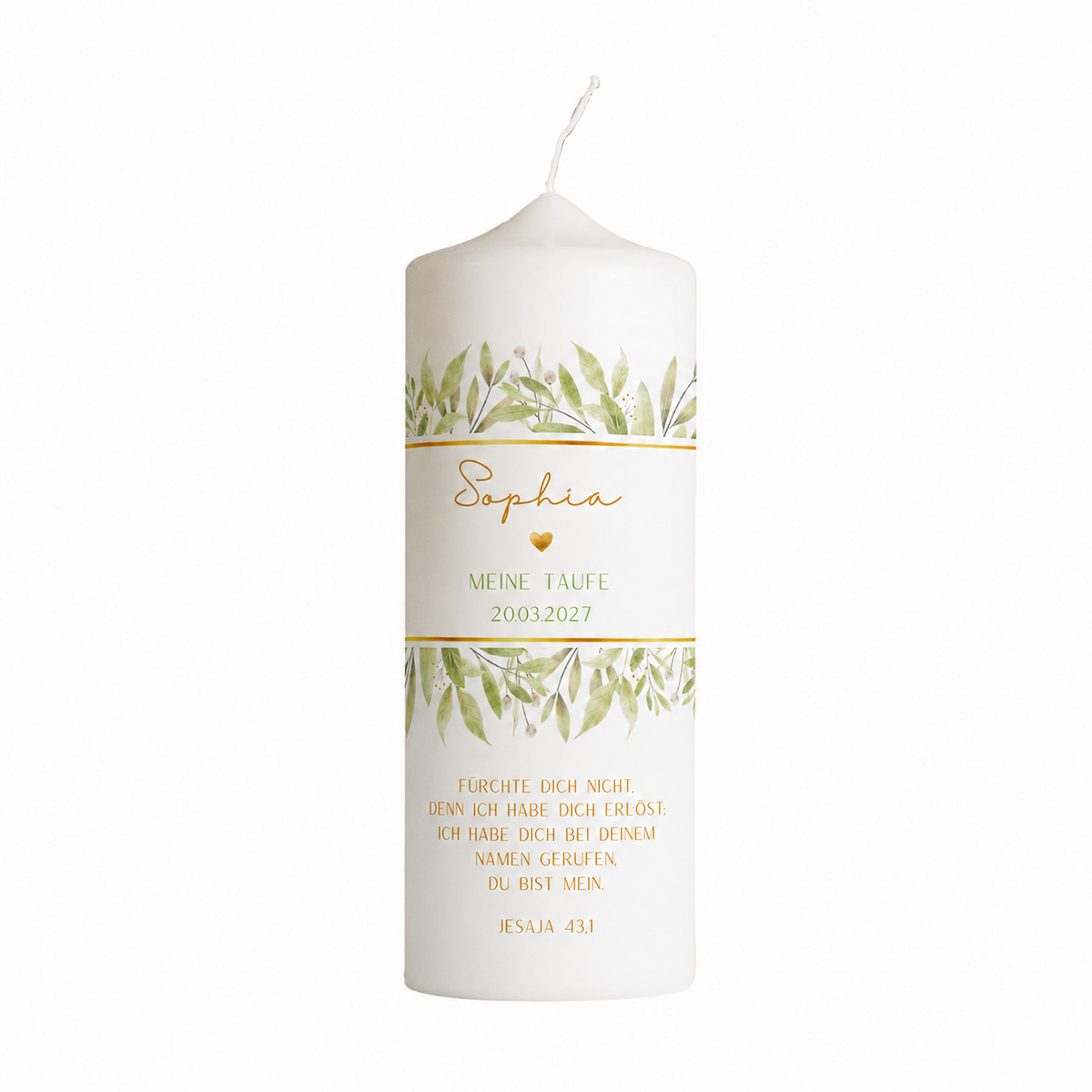 Taufkerze Greenery Olive Gold freigestellt vor weißem Hintergrund mit Namensfeld und Jesaja 43,1