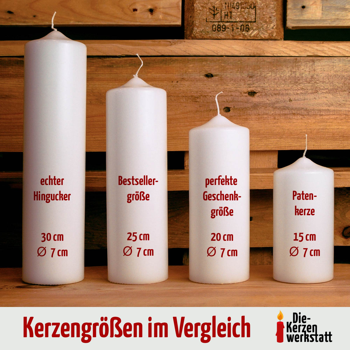 Kerzengrößen im Vergleich: 15, 20, 25 und 30 cm mit 7 cm Durchmesser auf Holzuntersetzern