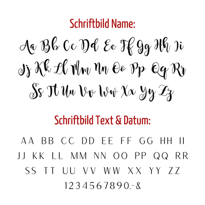 Schriftbilder Rosengarten: geschwungene Kalligrafie für den Namen, Versalien für Text und Datum