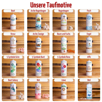 Taufkerzenpaket mit personalisierter Taufkerze, Kerzenuntersetzer, Holzbox,  Patenkerzen, Lichthüllen