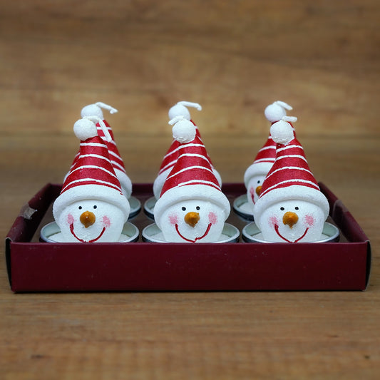 Schneemann-Teelichter mit roter Mütze im 6er Set, handgemacht in Dresden
