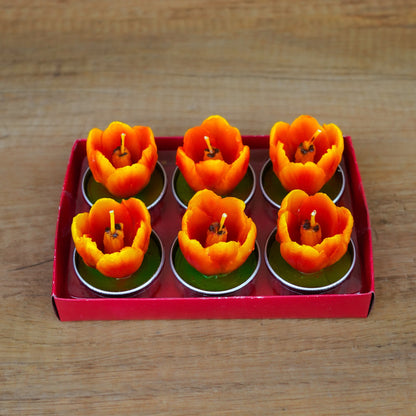 Rote Tulpen-Teelichter im 6er Set, handgemacht in Dresden, als Frühlingsdeko auf dem Tisch