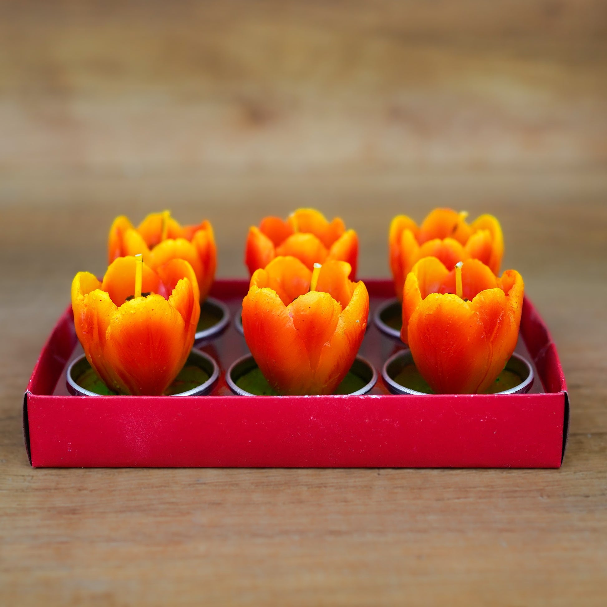 Sechs rote Tulpen-Teelichter als farbiger Blickfang auf dem Tisch