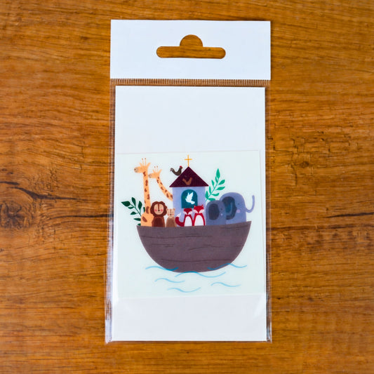 Buntes Wachsdekor Arche Noah mit Tieren, 7 x 7 cm, auf Trägerpapier in der Verpackung