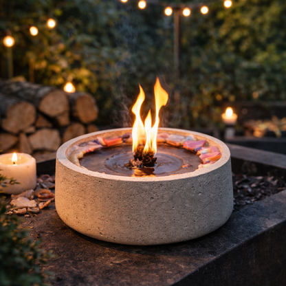 Wachsfresser Outdoorfeuer mit Flamme auf Steinmauer am Abend, gemütliche Gartenbeleuchtung