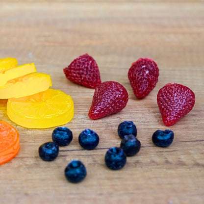Wachsfrüchte Deko-Set mit Orangen, Zitronen, Erdbeeren und Blaubeeren aus Wachs für selbstgemachte Kerzen