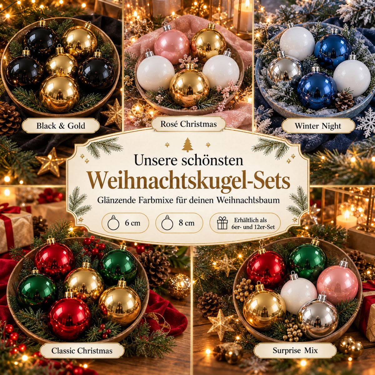 Unsere schönsten Weihnachtskugel-Sets: die fünf glänzenden Farbmixe Classic Christmas, Rosé Christmas, Black & Gold, Winter Night und Surprise Mix in 6 und 8 cm