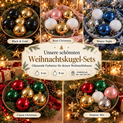 Unsere schönsten Weihnachtskugel-Sets: die fünf glänzenden Farbmixe Classic Christmas, Rosé Christmas, Black & Gold, Winter Night und Surprise Mix in 6 und 8 cm