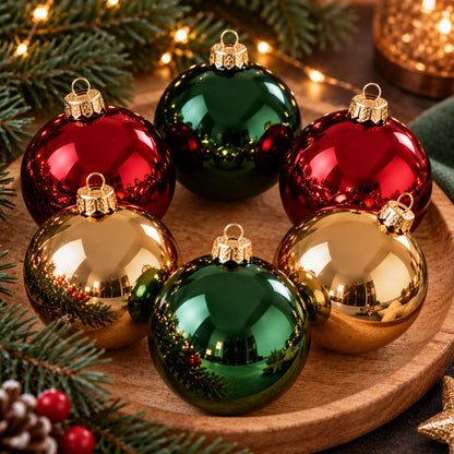 Weihnachtskugeln glänzend Farbmix Classic Christmas in Rot, Grün und Gold auf Holzteller