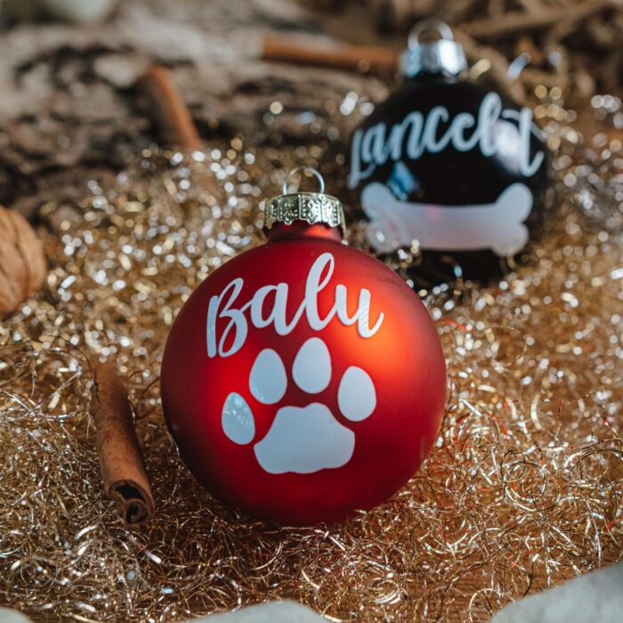 Personalisierte Christbaumkugel Hund Katze Weihnachtskugel mit Namen Pfote und Knochen