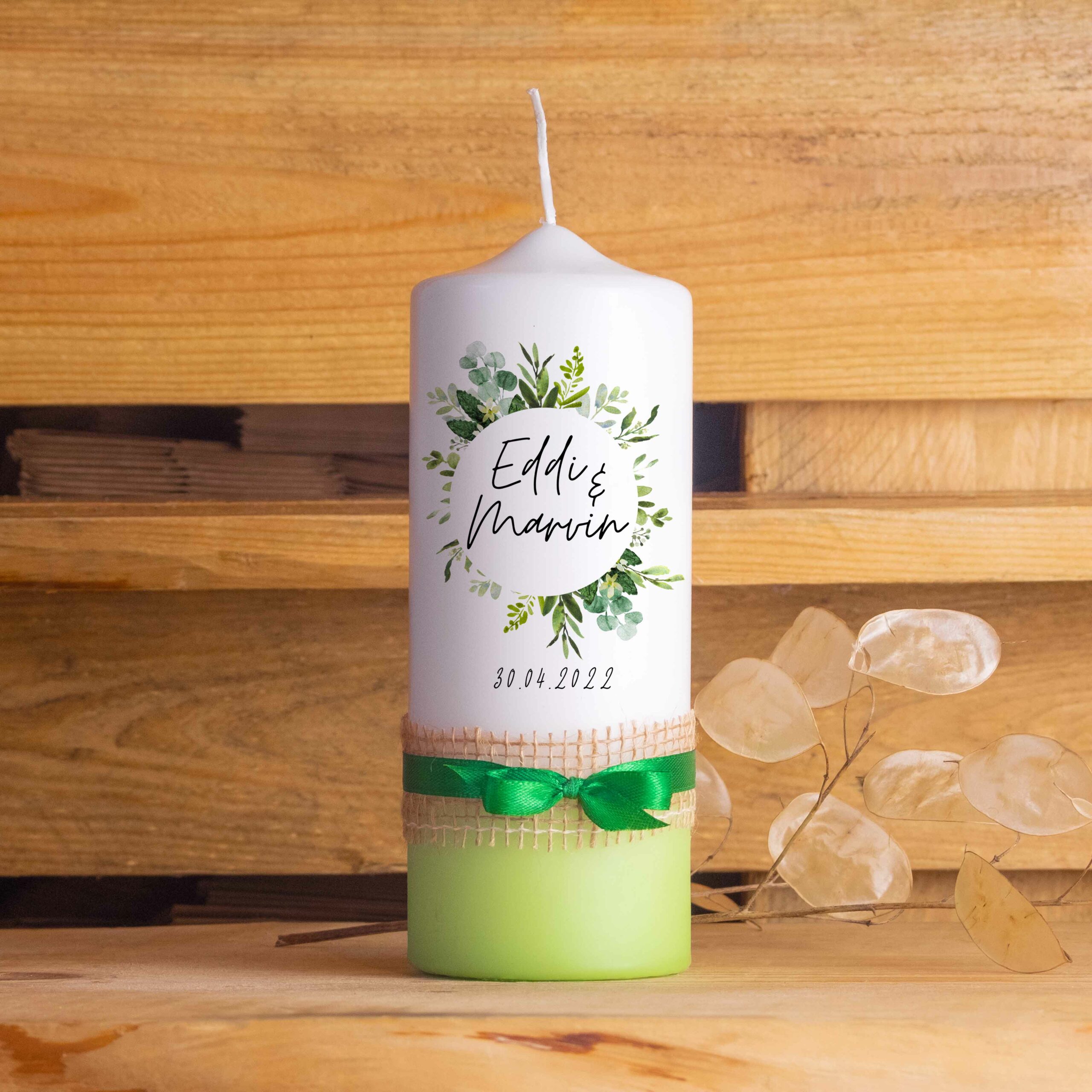 Hochzeitskerze personalisiert Traukerze mit Namen Floral Kreis schleife grün