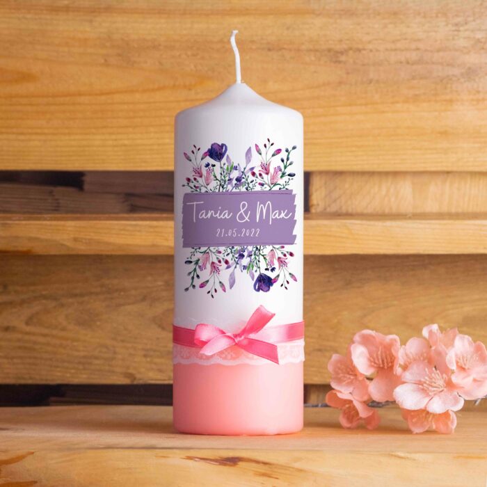 Hochzeitskerze personalisiert Traukerze mit Namen Blumen Schleife Rosa