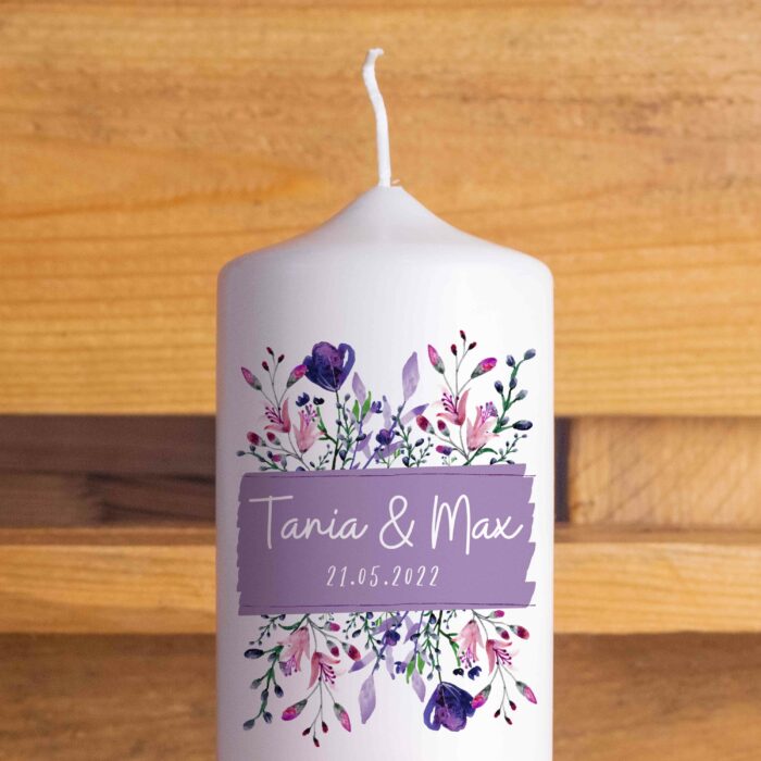 Hochzeitskerze personalisiert Traukerze mit Namen Blumen Oben