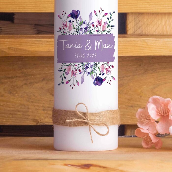 Hochzeitskerze personalisiert Traukerze mit Namen Blumen Unten Strick