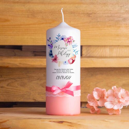 Hochzeitskerze personalisiert Traukerze mit Namen Blumen Spruch Schleife Rosa