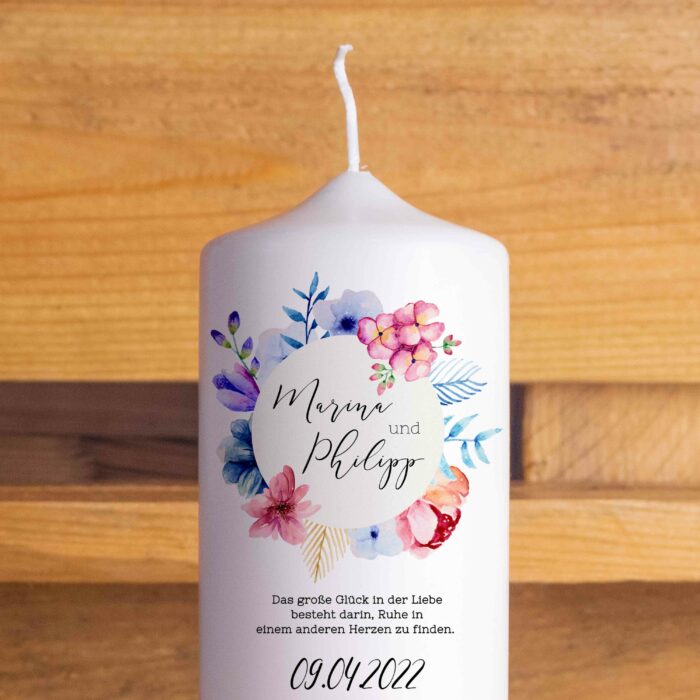 Hochzeitskerze personalisiert Traukerze mit Namen Blumen Spruch schleife oben