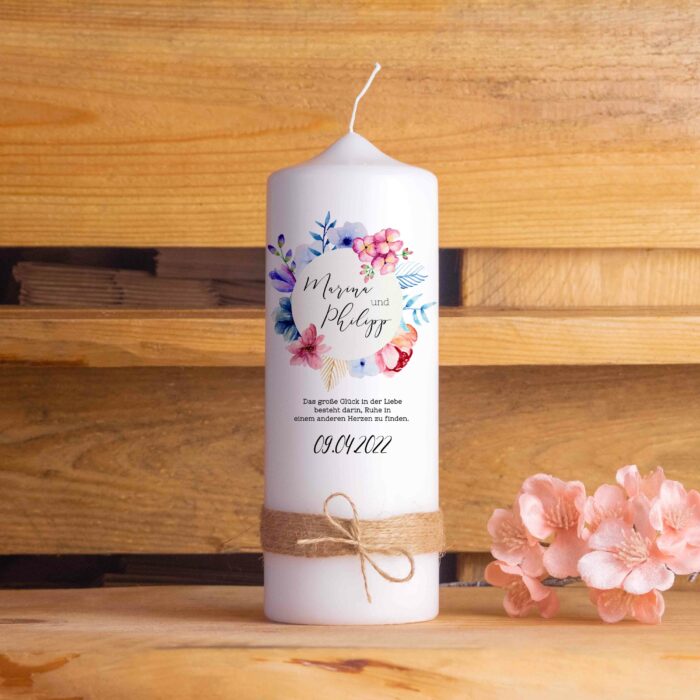 Hochzeitskerze personalisiert Traukerze mit Namen Blumen Spruch strick