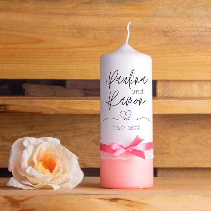 Hochzeitskerze personalisiert Traukerze mit Namen Monochrom Pink Floral Schlaufe