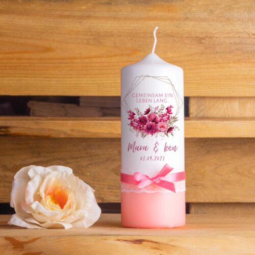 Hochzeitskerze personalisiert Traukerze mit Namen Elegant Pink Floral Schleife