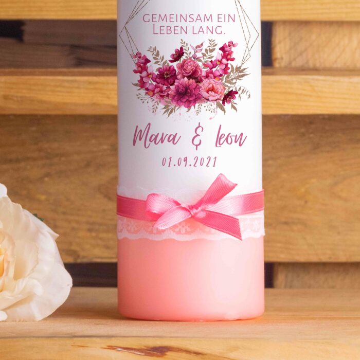 Hochzeitskerze personalisiert Traukerze mit Namen Elegant Pink Floral Unten Schleife