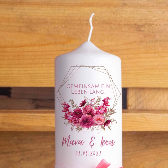 Hochzeitskerze personalisiert Traukerze mit Namen Elegant Pink Floral Oben