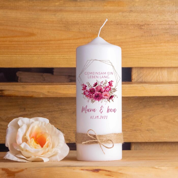 Hochzeitskerze personalisiert Traukerze mit Namen Elegant Pink Floral Strick