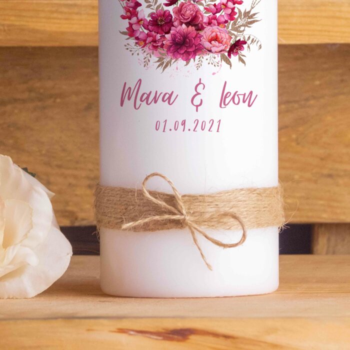 Hochzeitskerze personalisiert Traukerze mit Namen Elegant Pink Floral Strick Unten