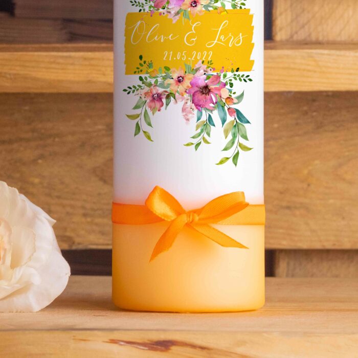 Hochzeitskerze personalisiert Traukerze mit Namen Elegant Floral Unten Schleife