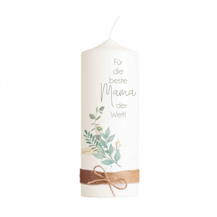 Handgemacht Wachs Kerze Stumpenkerze Bedruckt Spruch Geschenk für Sie Geschenk für Freundin Kerze Vegan Nachhaltig Love Muttertagsgeschenk Muttertagssprüche Muttertagsgrüße Muttertag Kerze Mama Geschenkidee Frau personalisierte geschenke kleine schöne geschenke cool kreativ oma originell -Muttertagskerze-Zweige-weißer-Hintergrund