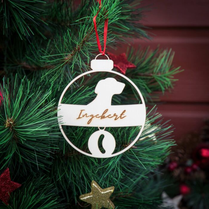 Weihnachtskugel aus Holz personalisiert mit Namen "Hund mit Halsband" ∅ 10 cm | Weihnachtsbaum Schmuck | Weihnachtsdeko | Christbaum – Bild 3