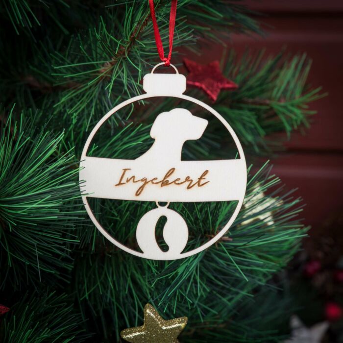 Weihnachtskugel aus Holz personalisiert mit Namen "Hund mit Halsband" ∅ 10 cm | Weihnachtsbaum Schmuck | Weihnachtsdeko | Christbaum